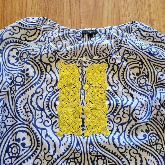 Talbots Shirt Womens small Blue White Paisley Yellow Bead Nautical Top - Picture 2 of 6